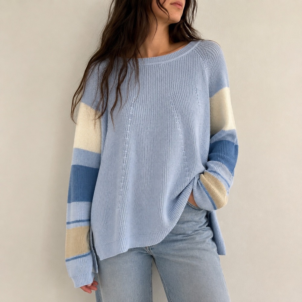Mersea Light Blue Striped Button Back Sweater One Size Coastal Preppy